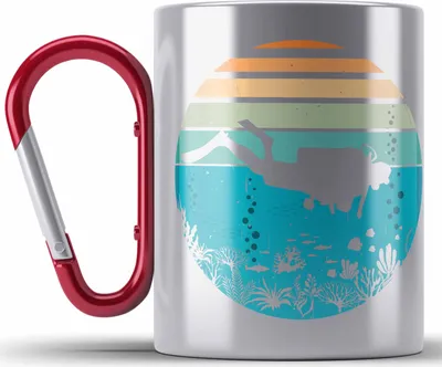 Produktbild von Trendation - Taucher Grafik Edelstahl Tasse Karabiner Geschenk für Tauchlehrer Geschenkidee Lustig Tauchen Tauchsport Tiefsee (Rot)