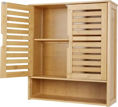 Obrázok produktu pre Bambusová nástenná polica – závesná skrinka do kúpeľne a kuchyne – multifunkčná – prírodné drevo – 59 x 20,5 x 66,5 cm