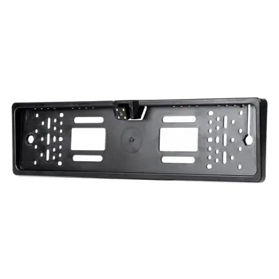 A black license plate frame with a built-in backup camera is shown against a white background.