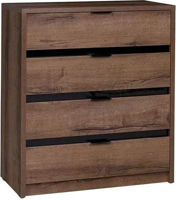 A front view of a wooden chest of drawers with black accents.