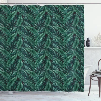 Obrázek produktu pro ABAKUHAUS Sprchový závěs z palmového listí, akvarelový tropický prales, vzor čerstvý deštný prales, Havajské léto, 175 x 200 cm, tmavě zelená černá