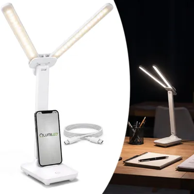 Zdjęcie produktu dla LUMILED LED lampka biurkowa LEPUS 9W, możliwość regulacji jasności, 3 barwy światła, uchwyt na telefon, kolor biały. Lampka biurkowa z 2 ruchomymi ramionami, 360 lm, 3000K/4500K/6500K, złącze USB-C i wbudowanym uchwytem na telefon