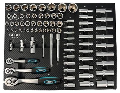 Obrázok produktu pre Profesionálna gola sada Gebo Tools, 81ks - Penová vložka s dlhými a krátkymi nástrčnými hlavicami, bitmi, predlžovacími nadstavcami, adaptérmi a račňami 1/2”, 3/8”, 1/4” Cr-V