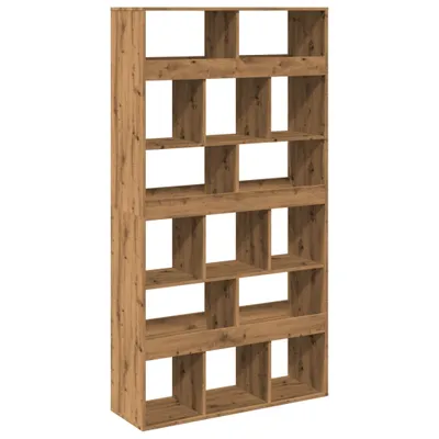 A wooden bookshelf with multiple compartments is shown against a white background.