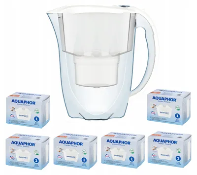 A water filter pitcher with multiple replacement cartridges arranged around it.