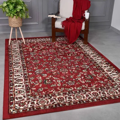 Produktbild von Wohnzimmer Teppich Skazar Rot, Oriental Design, Klassisches Muster, Kurzflor Polypropylen, Pflegeleicht, Antiallergisch, Geeignet für Fußbodenheizung, Größe 240 X 340 CM