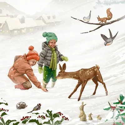 Produktbild von 20 Servietten Kids care about Winter Animals - Kinder füttern Wintertiere 33x33cm
