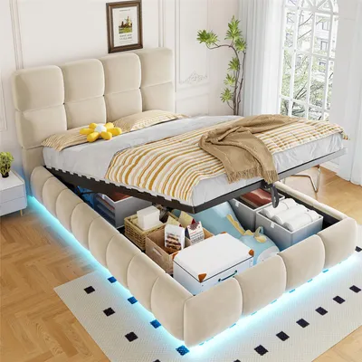 Produktbild von Merax Polsterbett 90x200cm mit hydraulischem Stauraum, Kinderbett mit LED Lichtleiste, gepolstertes Bett Einzelbett mit Samt Kopfteil,Bettkasten,Beige