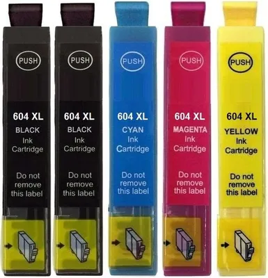 Five ink cartridges of different colors (black, cyan, magenta, yellow) are lined up vertically against a white background.