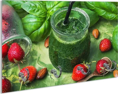 Produktbild von Wallario Schlüsselbrett aus Glas, Motiv: Grüner Smoothie mit Erdbeeren, 30 x 20 cm mit 4 Haken