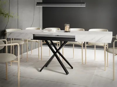 Produktbild von Couchtisch Höhenverstellbar und Ausziehbar Cavetta X in Marmoroptik Weiß - Wohnzimmertisch Esstisch Multifunktionstisch 120-200/80/27-76 cm - Marmor Weiß