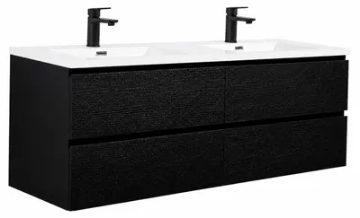 Produktbild von Badplaats Badmöbel Set mit Waschbecken und Unterschrank Angela 140 x 48 cm Schwarz Holz - Waschbeckenunterschrank mit Soft-Close und Doppelwaschbecken, Vorgemontiert