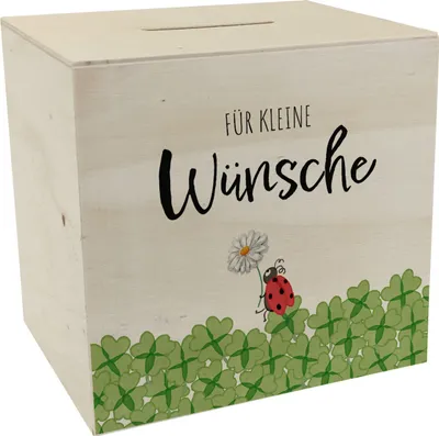 Produktbild von Marienkäfer im Kleefeld Spardose aus Holz mit Spruch Für kleine Wünsche