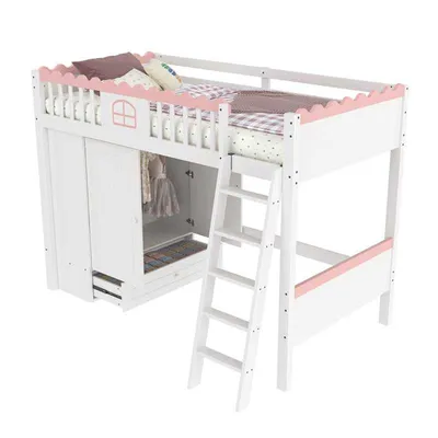 Produktbild von Hochbett mit LED-Beleuchtung (mit Kleiderschrank, 90x200 cm) Kinderbett mit Rausfallschutz und Trittleiter, Kiefer