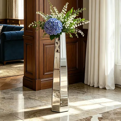 Image de Vase de sol grande, 76 cm, en MDF, avec miroir argenté, idéale pour les plantes artificielles et le pampa