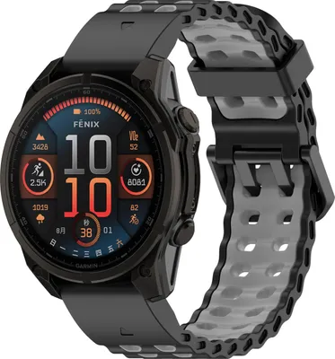 Produktbild von Strap-it Silikon 'Wave' Sportarmband - passend für Garmin Fenix 8 (Pro-E-47mm) - Fenix 7 & 6 (Solar-Pro) - Fenix 5 (Plus) / Forerunner 970-965-955-945-935-745 / Epix Gen 2 - Pro 47mm / Quatix 7- 8 / Fenix 8 (Pro/E) - Schwarz/Grau