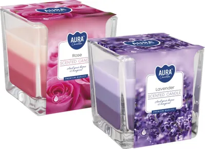 Zdjęcie produktu dla ZESTAW Świeca zapachowa w szkle trójkolorowa BISPOL Aura 32H MIX "4" 2szt.