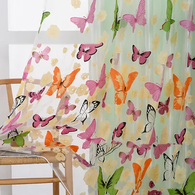 Image de Voile transparent - Tulle - Motifs de papillons - Idéal pour le salon, la chambre et les cafés - Orné de broderies florales