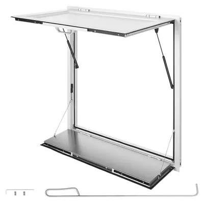 Immagine prodotto di Finestra di vendita SucceBuy per food truck, realizzata in lega di alluminio, dimensioni 915 x 915 x 80 mm. Finestra per furgoni alimentari con angolo di apertura fino a 85°, sportello di vendita, ripiano di servizio, gancio di traino e protezione antipioggia