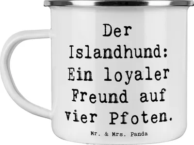 Produktbild von Mr. & Mrs. Panda Emaille Tasse Spruch Treuer Islandhund - Weiß - Geschenk, Familienhunde, Teetasse, Motivtasse, aktive Hunde, Hunderassen, Kaffeepott, Beschreibung, Pott