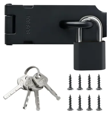 Produktbild von Türriegel aus Edelstahl mit Vorhängeschloss, Schließblech, Sicherheitsriegel, Riegelschloss mit Schraube, schwarzer Torriegel für Tore, Fenster und Zäune