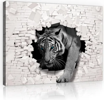 Produktbild von Leinwandbild 3D Tiger kommt aus der Wand Canvasbild Wanddeko Wandbild 10400_PP (Größe: O1 (100cm. x 75cm.))