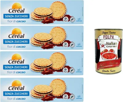 Produktbild von Céréal Senza Zuccheri Fior Di Cacao Ohne Zucker Kakaoblüte – 35% gesättigtes Fett 4x185gr + Italian Gourmet polpa 400g