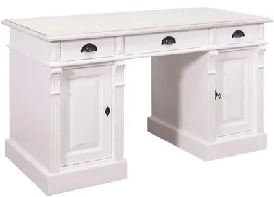 Obrázek produktu pro Casa Padrino psací stůl z masivního dřeva ve venkovském stylu se 3 zásuvkami a 2 dvířky bílý 140 x 70 x v. 78 cm - Kancelářský nábytek ve venkovském stylu