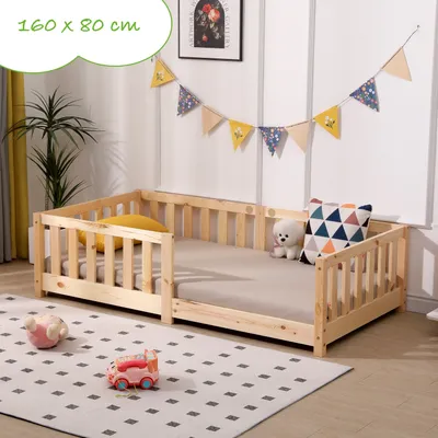 Produktbild von Detská postieľka s ochranou proti pádu vrátane roštu | 80 x 160 cm | drevo z masívneho borovicové drevo