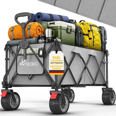 Produktbild von TRESKO® Bollerwagen faltbar 215L mit Bremse | Handwagen klappbar 150kg inkl. Vollgummireifen | Faltbarer Strandwagen Extra Breite All-Terrain-Räder | Transportwagen mit Tragetasche