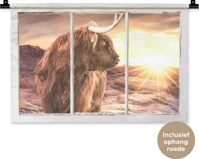 Produktbild von MuchoWow® Wandteppich Wandbehang Schottisches Hochlandrind - Aussicht - Sonnenuntergang 60x40 cm Tapisserie Dekoration Wandtuch - Wanddekorationen