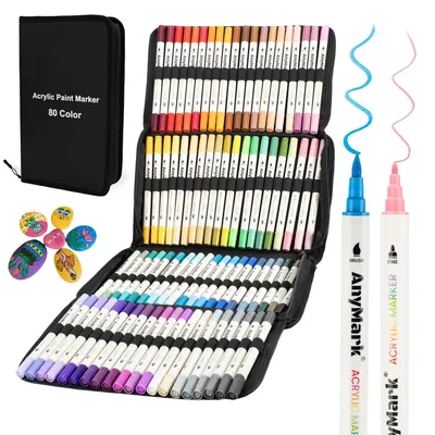 Produktbild von 80 Farben Acrylmarker - Doppelspitze mit Pinsel und feiner Spitze