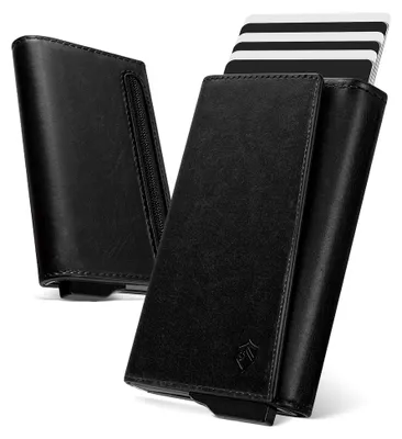 Produktbild von Slim Wallet mit Exklusives Angewinkeltes Design Pop up Card Holder für 10 Karten, Portmonee Herren Slim mit RFID Schutz, Münzfach & Magnetverschluss Wallets for Men Schwarz (Echtes Leder)