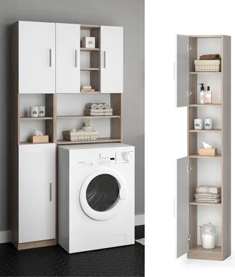 A laundry room cabinet system with a washing machine.