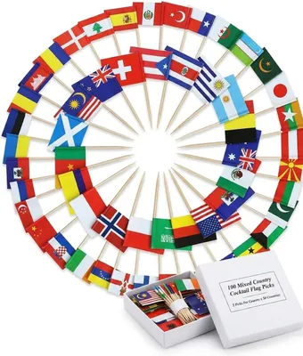 Imagen del producto de Palillos de dientes - Banderas internacionales - 100 unidades (50 países) - Madera - Decoración festiva para aperitivos, cócteles y buffets - Ideal para eventos como la Copa del Mundo