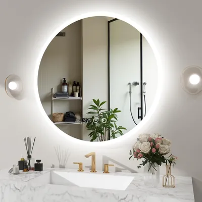 Produktbild von Puluomis Badspiegel beschlagfrei 70cm mit Uhr Temperatur, 3 Farbe dimmbare Helligkeit LED Beleuchtung,Badezimmerspiegel 6500k spritzwassergeschützt