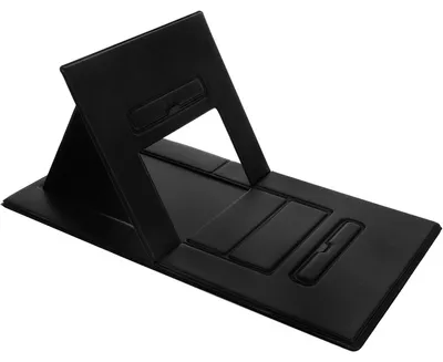 Zdjęcie produktu dla Składana podставка pod laptopa - sztuczna skóra i drewno - regulowana - dla laptopów do 44 cm - kompaktowa - czarna