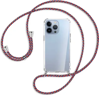 Produktbild von Handykette Backcover-Schutzhülle mit Band (Metall silberfarben) für Apple iPhone 13 Pro Max - silber/blau/rot