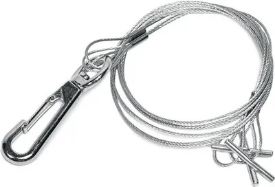 A metal cable with a carabiner hook and two pins, isolated on a white background.