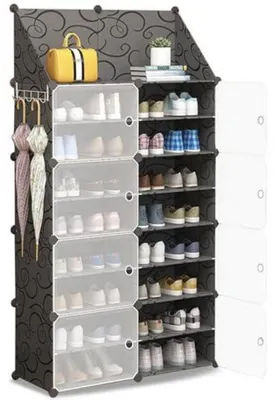 Image de Étagère à chaussures avec portes, extensible, pour 16 à 32 paires de chaussures, en plastique, de couleur noire, avec 2 rangées de 8 étagères