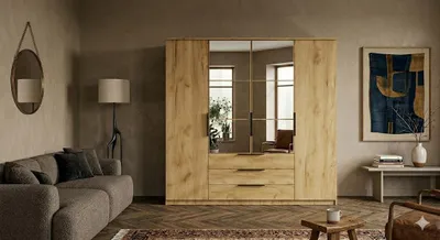 Produktbild von Florencja Kleiderschrank mit Drehtüren, 3 Schubladen und Spiegel - Gold Craft - 200 x 62 x 215 cm