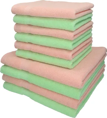 Produktbild von Betz 10-tlg. Handtuch-Set PALERMO - 4 Liegetücher 6 Handtücher 100% Baumwolle Farbe: apricot und grün