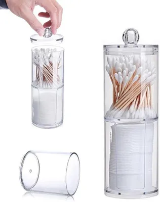 Productafbeelding van Katoenen Pads Houder - Opbergdoos - Badkamer Organisatie - Twee Laags Ontwerp - 19.6 cm - Transparant