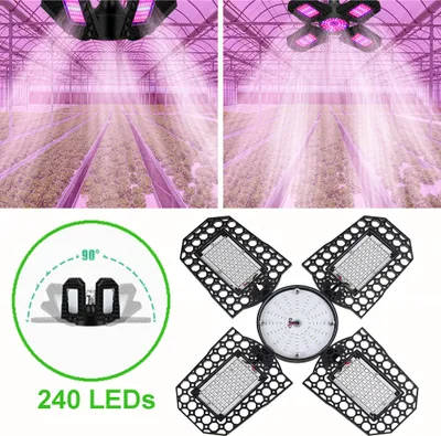 A collage of images showing a foldable LED grow light in use in a greenhouse and its components.
