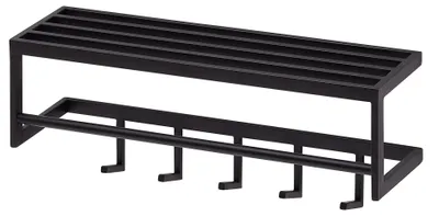 Wandgarderobe Metall Schwarz 70x20x20cm mit Ablage in schwarzem Metall, Gesamtansicht mit Ablagefläche und fünf Haken.