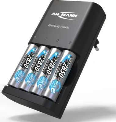 A black battery charger with four AA batteries inserted, shown at an angle against a white background.