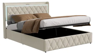 Obrázek produktu pro Postel Moonbite s úložným prostorem, rozměry 160x200 cm, pro pár, potah z veluru, barva bílá, s reliéfem ve tvaru diamantů, LED osvětlení, hydraulický mechanismus a USB port, 3D diamantový design