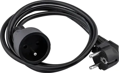 A black power extension cord with a European plug and socket.