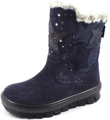 A single blue boot with star decorations and white fur trim is shown against a white background.