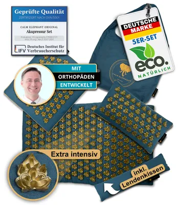 Produktbild von CALM ELEPHANT ORIGINAL Akupressurmatte XXL Set EXTRA INTENSIV für Fortgeschrittene - MANDALA PRO Premium Set 5-teilig inkl. Lendenkissen